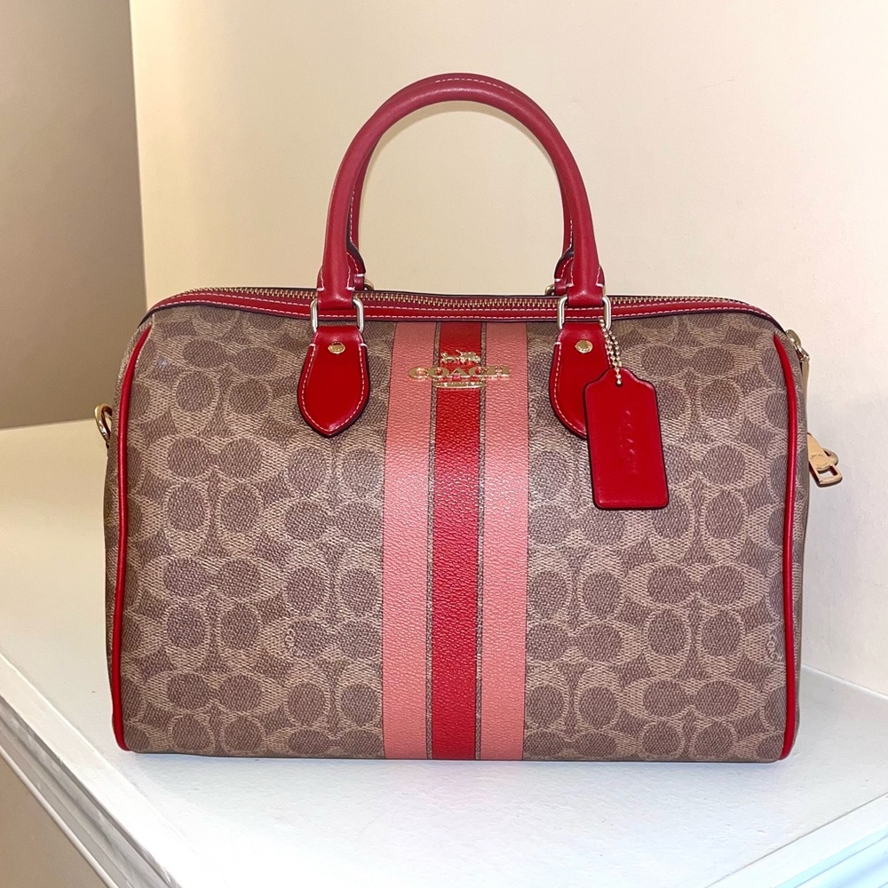 COACH Large Brown and Red Signature Satchel